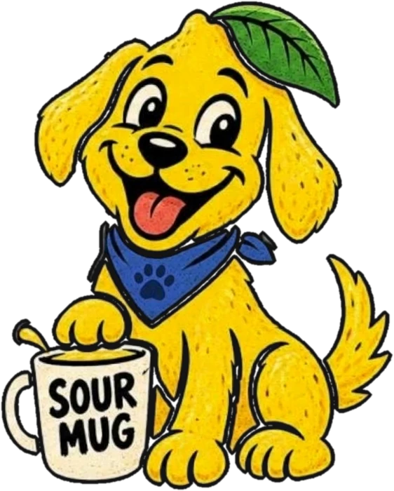 A lemon-yellow pup in a blue bandana with a paw on a Sour Mug