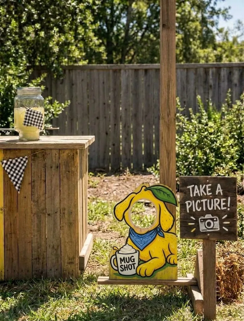 A yellow dog photo cutout with a blue bandana and a Mug Shot whipped cream cup, next to a Take a Picture sign at the stand