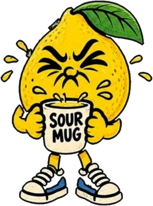A lemon squeezing its eyes shut and puckering over a Sour Mug of lemonade