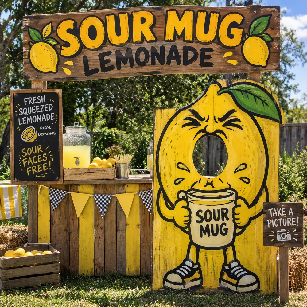 The Sour Mug Lemonade stand with a yellow plank counter, a chalkboard menu and a photo cutout of a puckering lemon